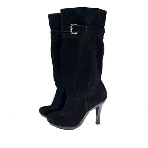 Michael Kors MK Slouchy Boots Heeled Black Suede Leather Buckle